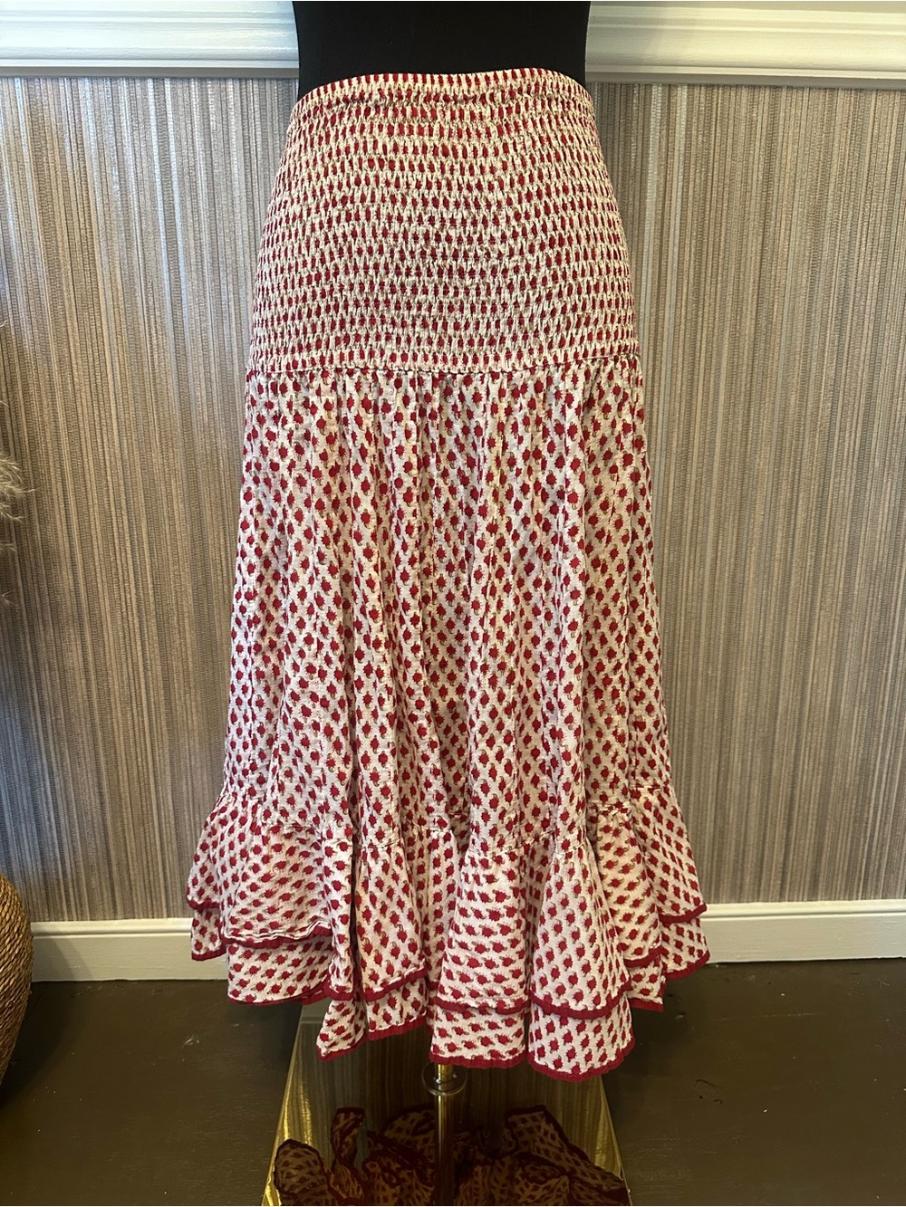 Trade Cloth Boho Cotton Midi Skirt Red White Block Print Smocked Waist Size M/L - Picture 2 of 9